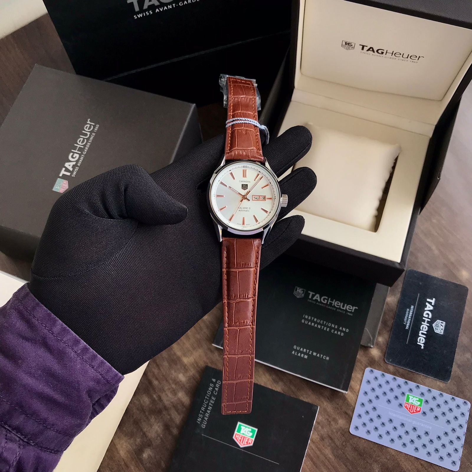 Tag Heuer Grand Carrera Calibre 5 Day Date White Copper Dial & Brown Leather Strap Swiss Japanese Automatic Machinery Mens Watch - Image 5