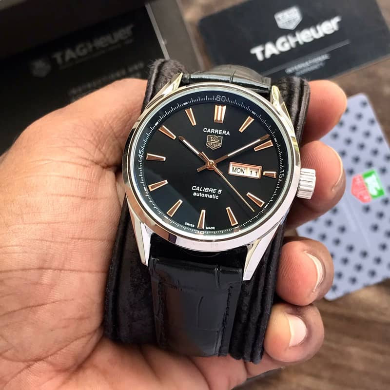 Tag Heuer Grand Carrera Calibre 5 Day Date Black Dial & Black Leather Strap Swiss Japanese Automatic Machinery Mens Watch - Image 3