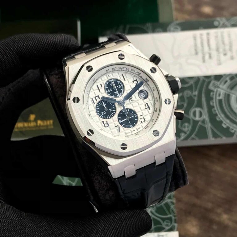 Audemars Piguet Off Shore Chronograph's Black Leather Strap White Dial Mens Watch