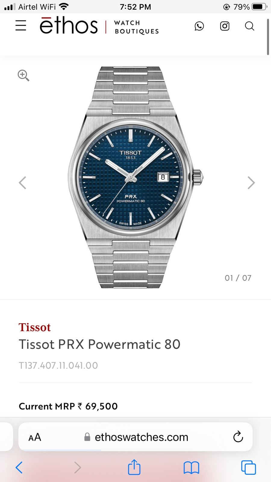 Tissot PRX Powermatic Japanese Stainless Steel Blue Dial Men's Watch - Image 9