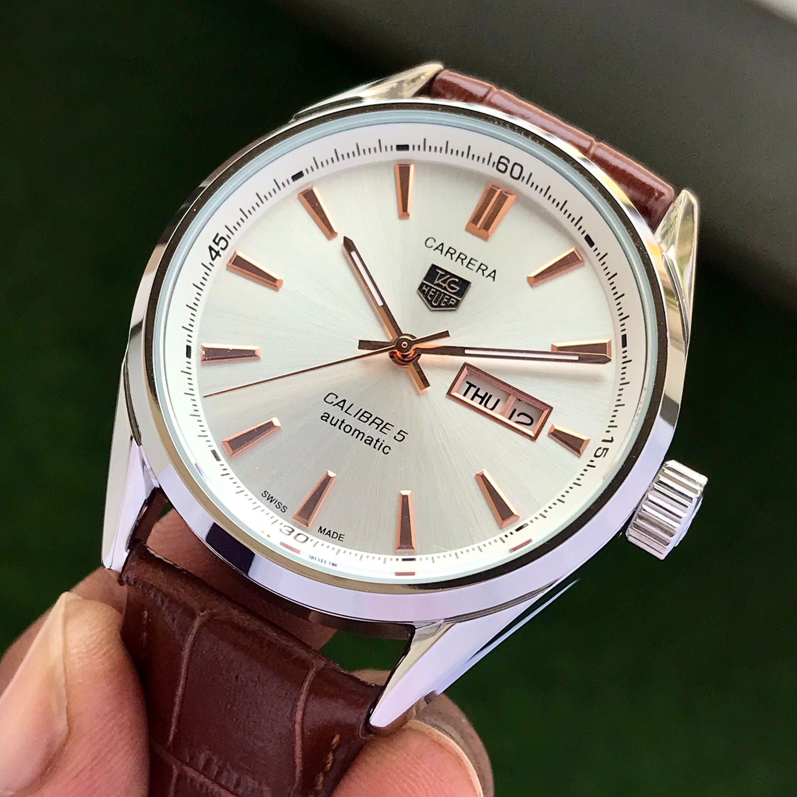 Tag Heuer Grand Carrera Calibre 5 Day Date White Copper Dial & Brown Leather Strap Swiss Japanese Automatic Machinery Mens Watch - Image 4