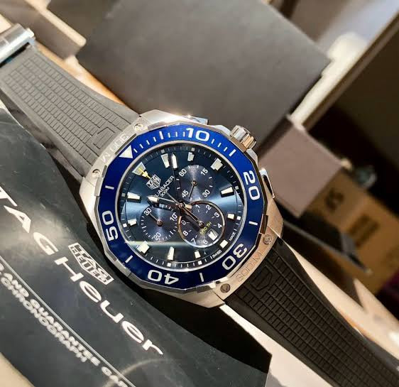 Tag Heuer Aquaracer Chronograph Blue Dial & Black Rubber Strap Quartz Mens Watch - Image 4
