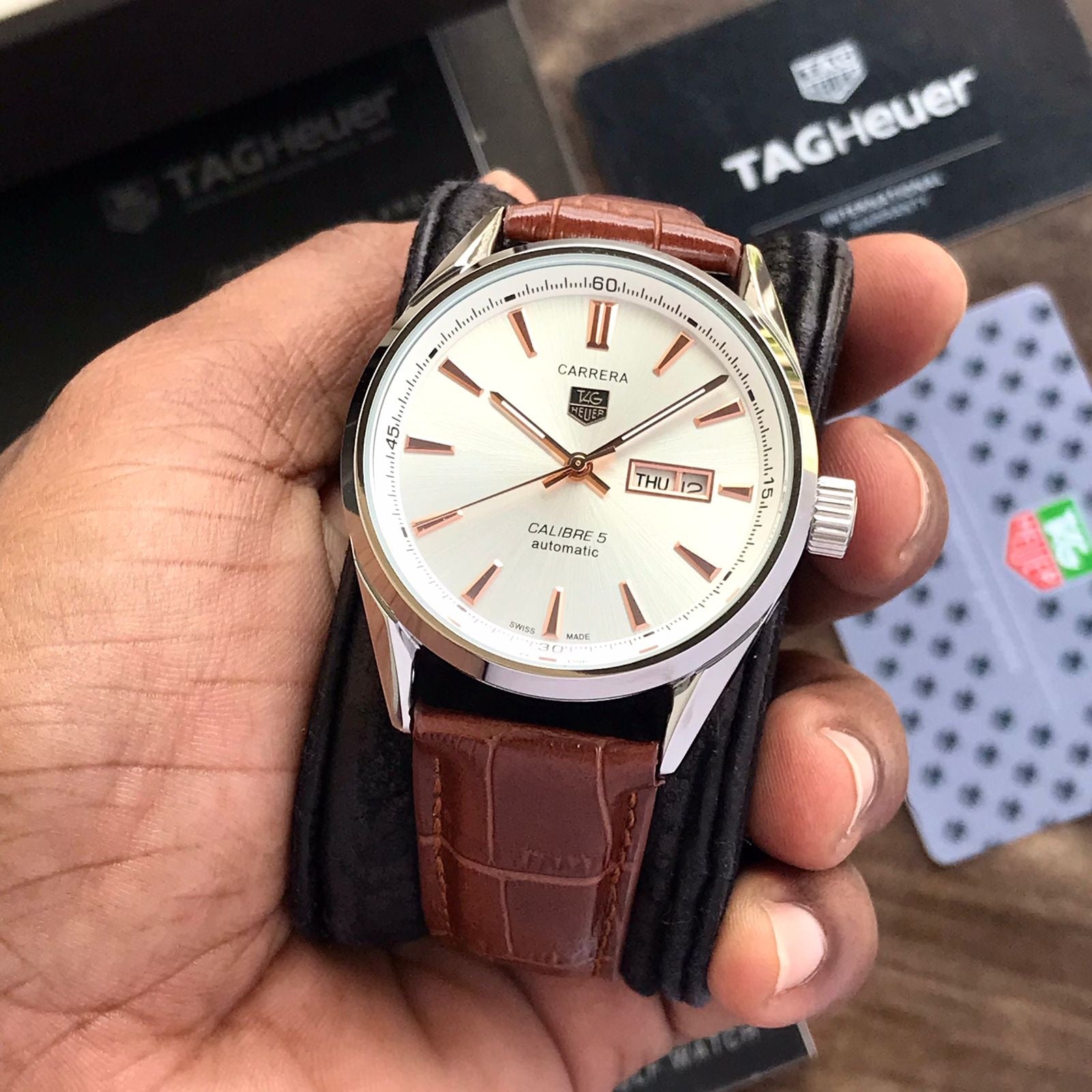 Tag Heuer Grand Carrera Calibre 5 Day Date White Copper Dial & Brown Leather Strap Swiss Japanese Automatic Machinery Mens Watch - Image 2