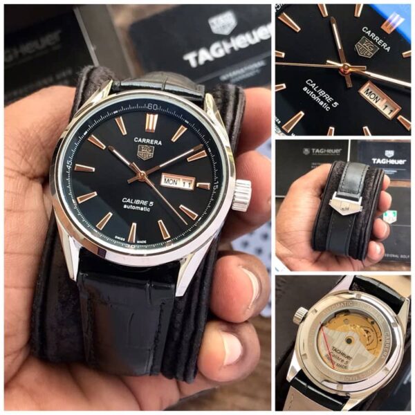 Tag Heuer Grand Carrera Calibre 5 Day Date Black Dial & Black Leather Strap Swiss Japanese Automatic Machinery Mens Watch - Image 2