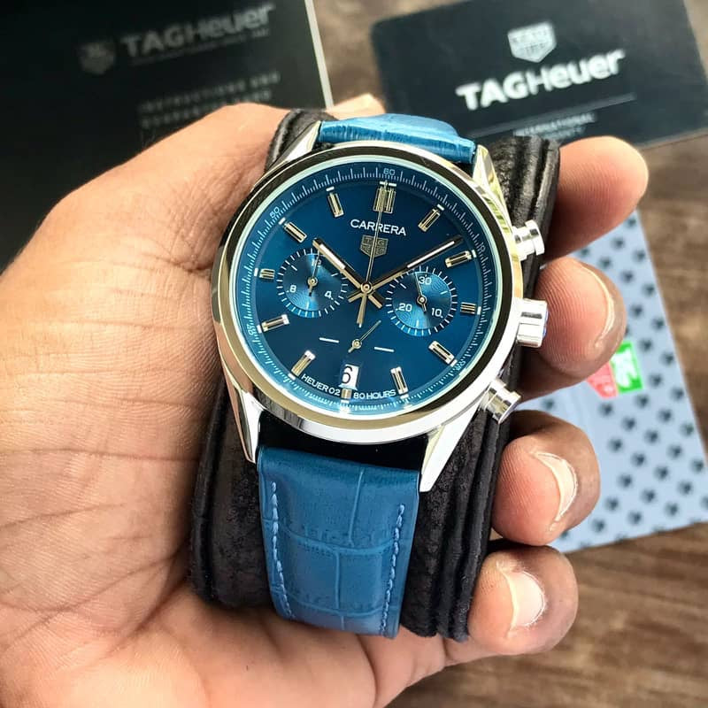 Tag Heuer Grand Carrera Blue Dial & Blue Leather Strap Japanese Master Quality Men's Watch - Image 2