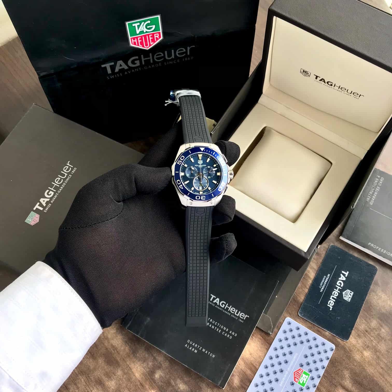 Tag Heuer Aquaracer Chronograph Blue Dial & Black Rubber Strap Quartz Mens Watch - Image 7