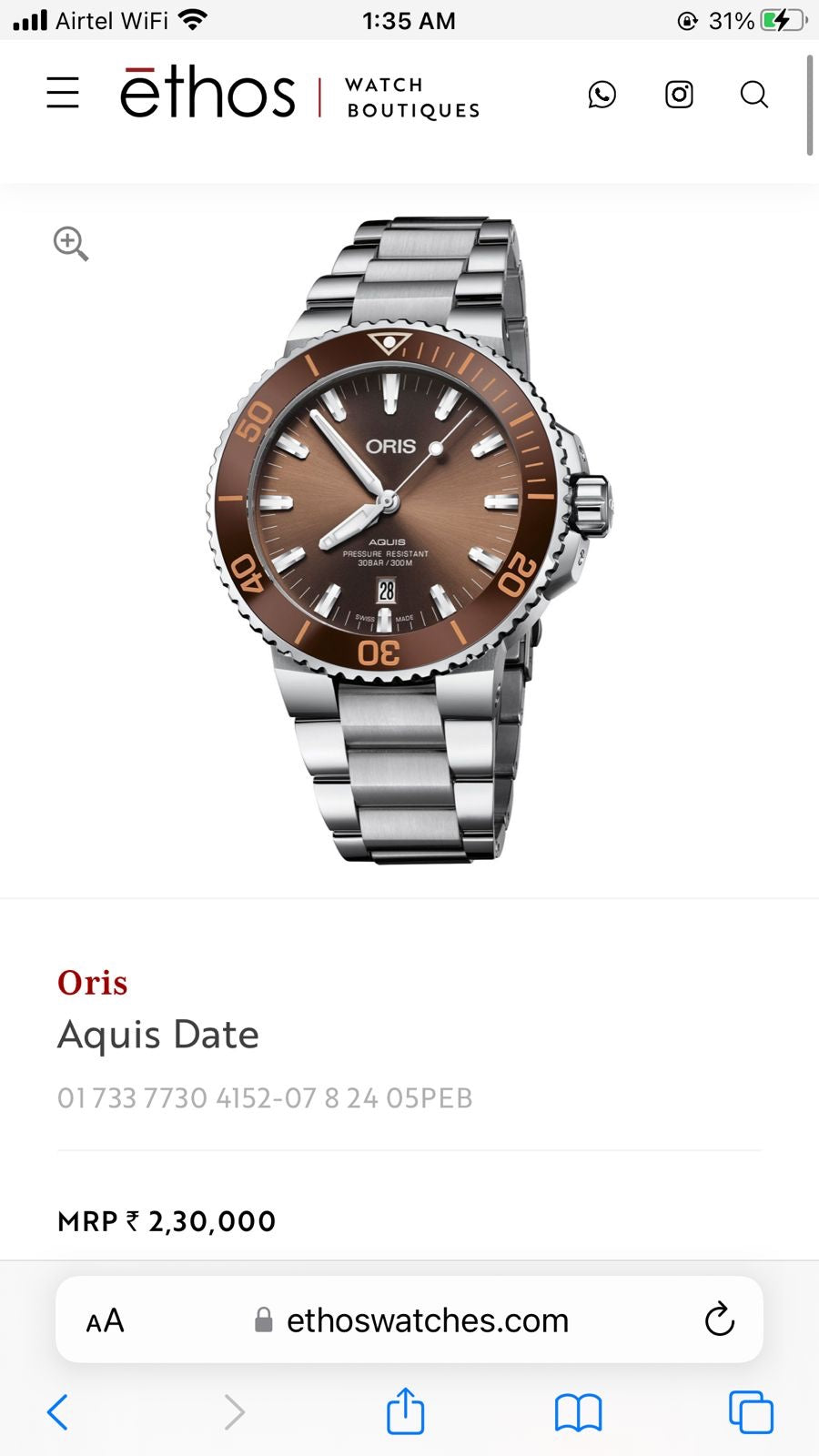Oris Aquis Date Authentic Automatic Silver Brown Dial Men's Watch - Image 4