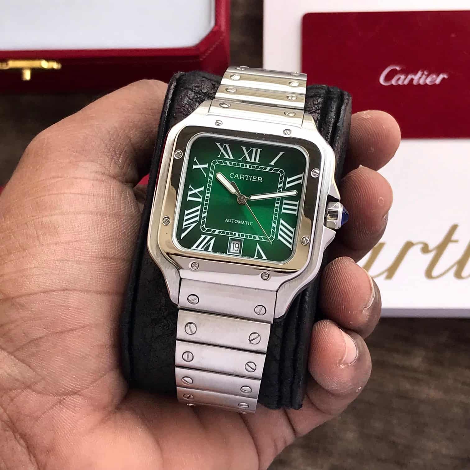 Cartier De Santosh Medium Model Green Dial Stainless Steel Automatic Men's Watch
