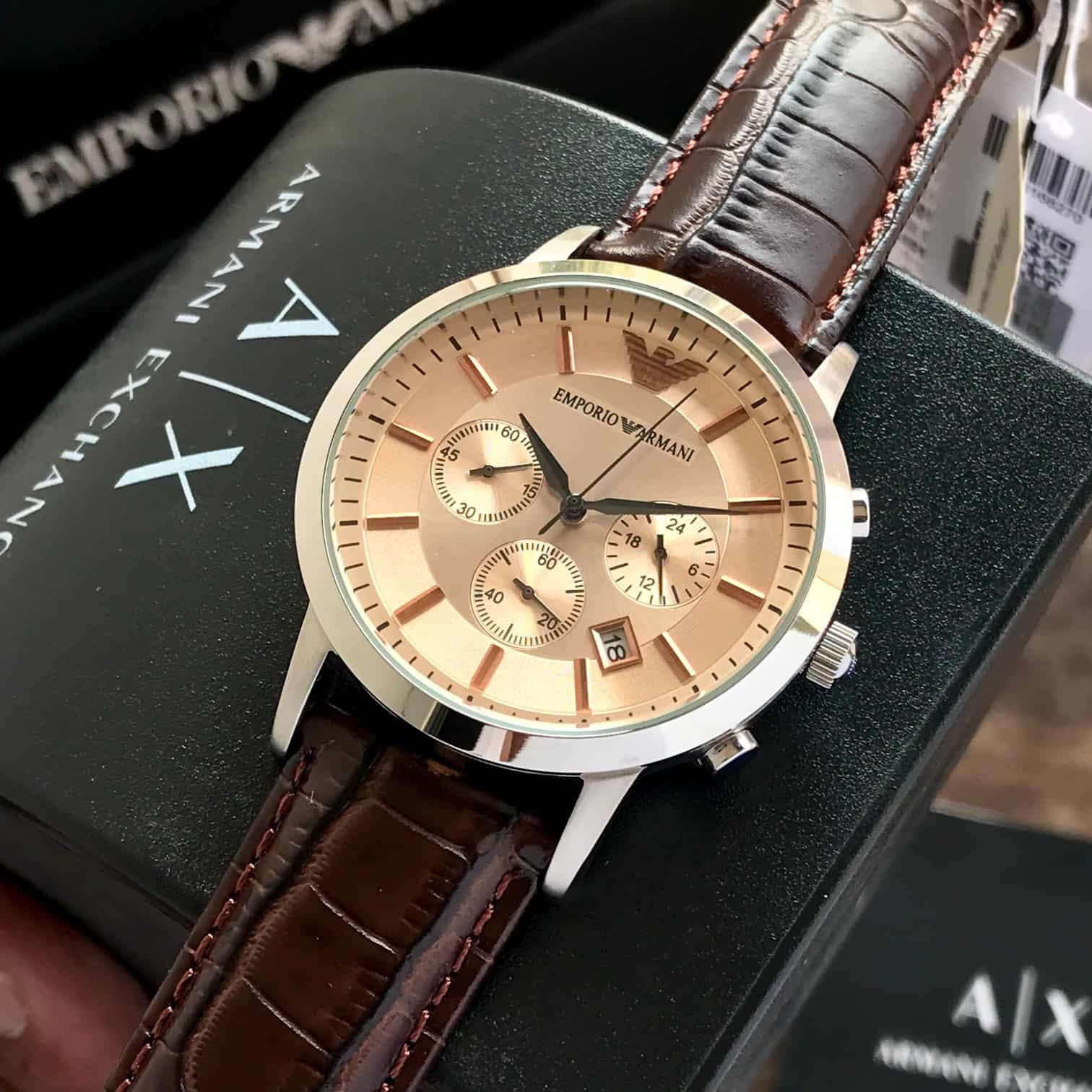 Emporio Armani AR2433 Chronograph Beige & Brown Leather Strap Mens Watch - Image 4