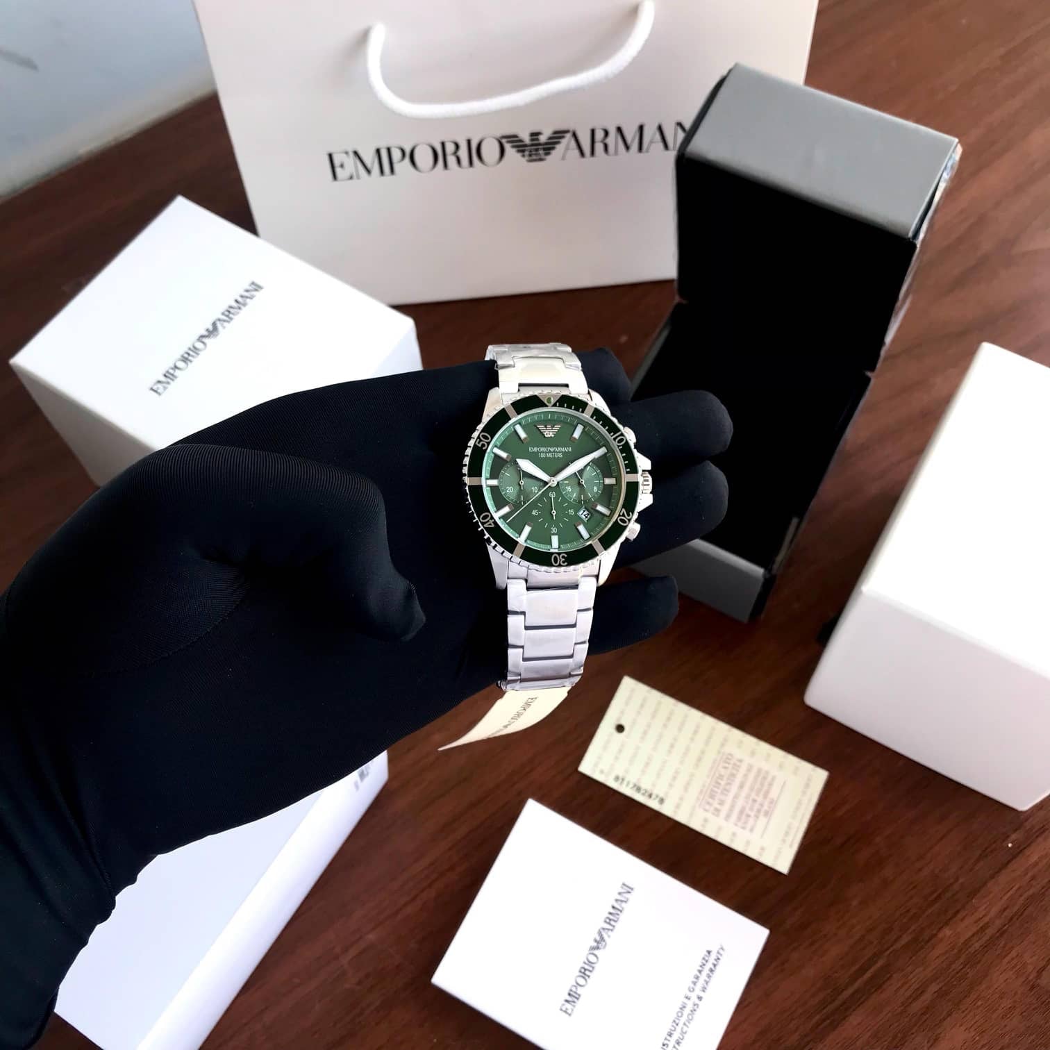 Emporio Armani AR11500 Stainless Steel Green Dial Chronograph Mens Watch - Image 2