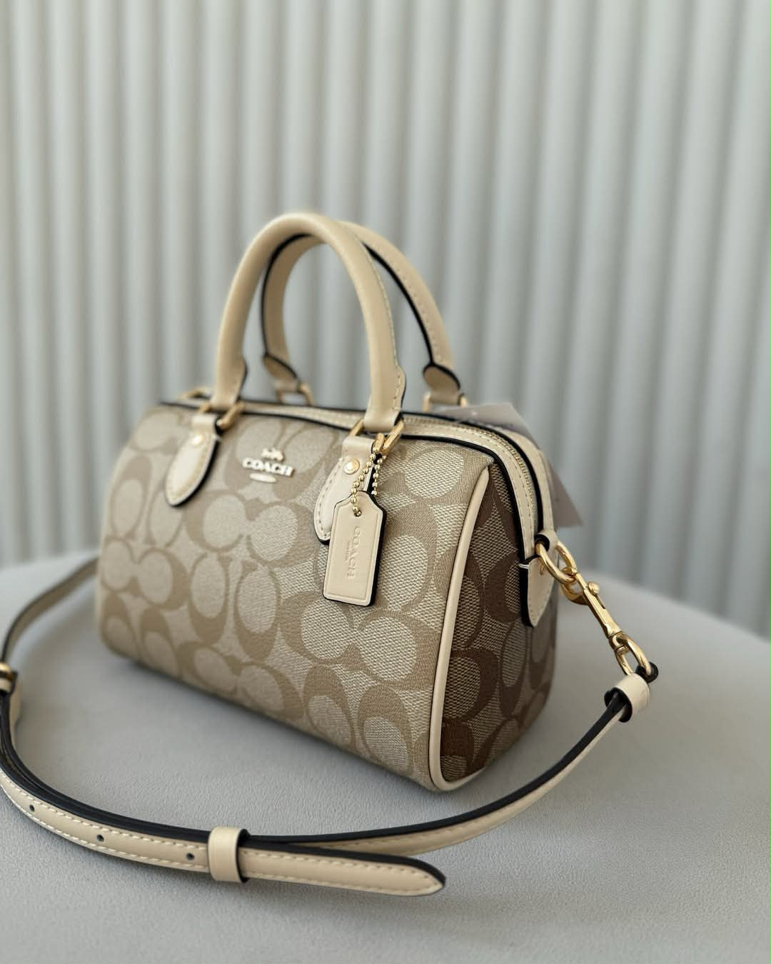 Coach Mini Rowan Bag Charm In Signature Canvas Signature Canvas-Gold-Tan-Brown - Image 3