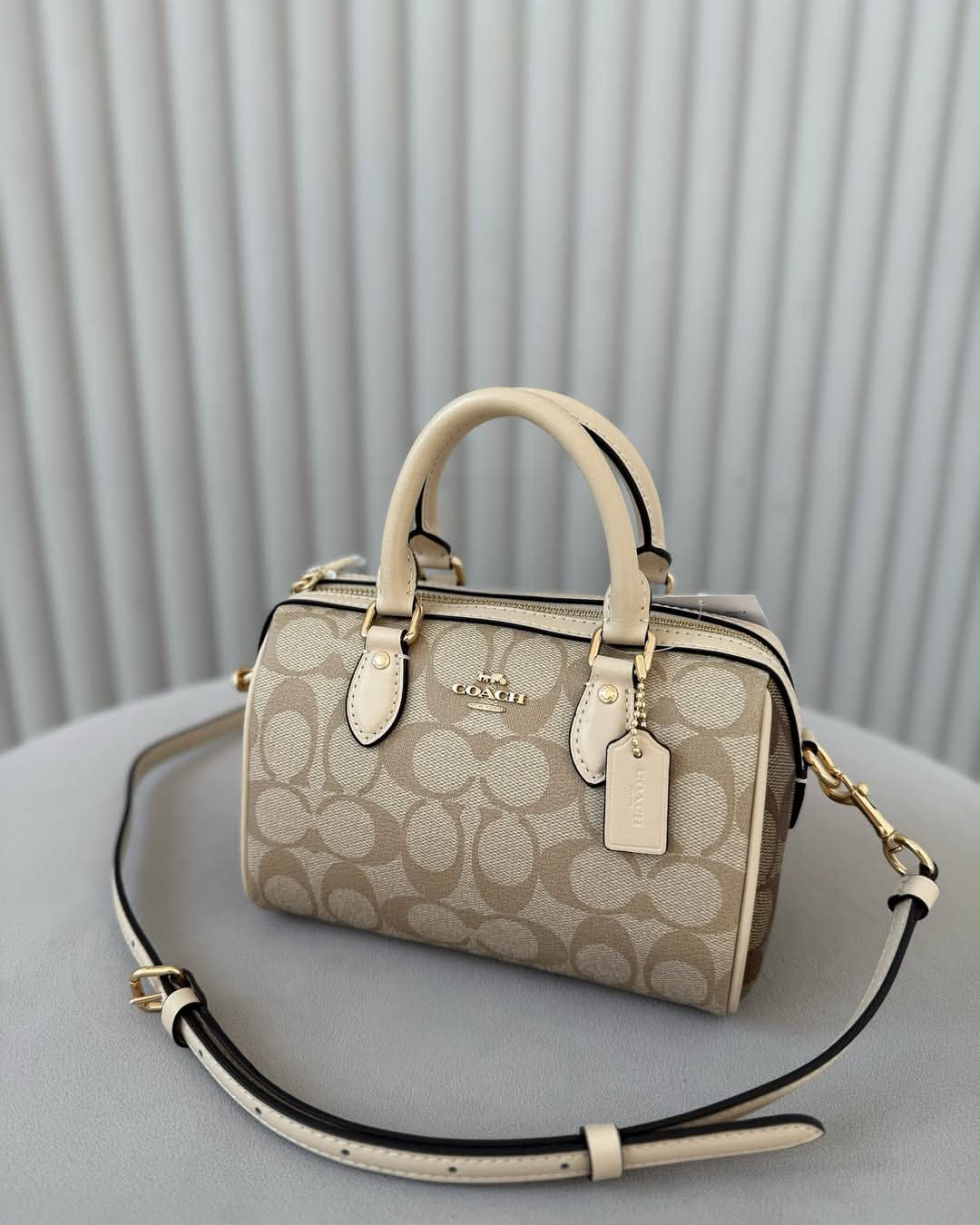 Coach Mini Rowan Bag Charm In Signature Canvas Signature Canvas-Gold-Tan-Brown - Image 2