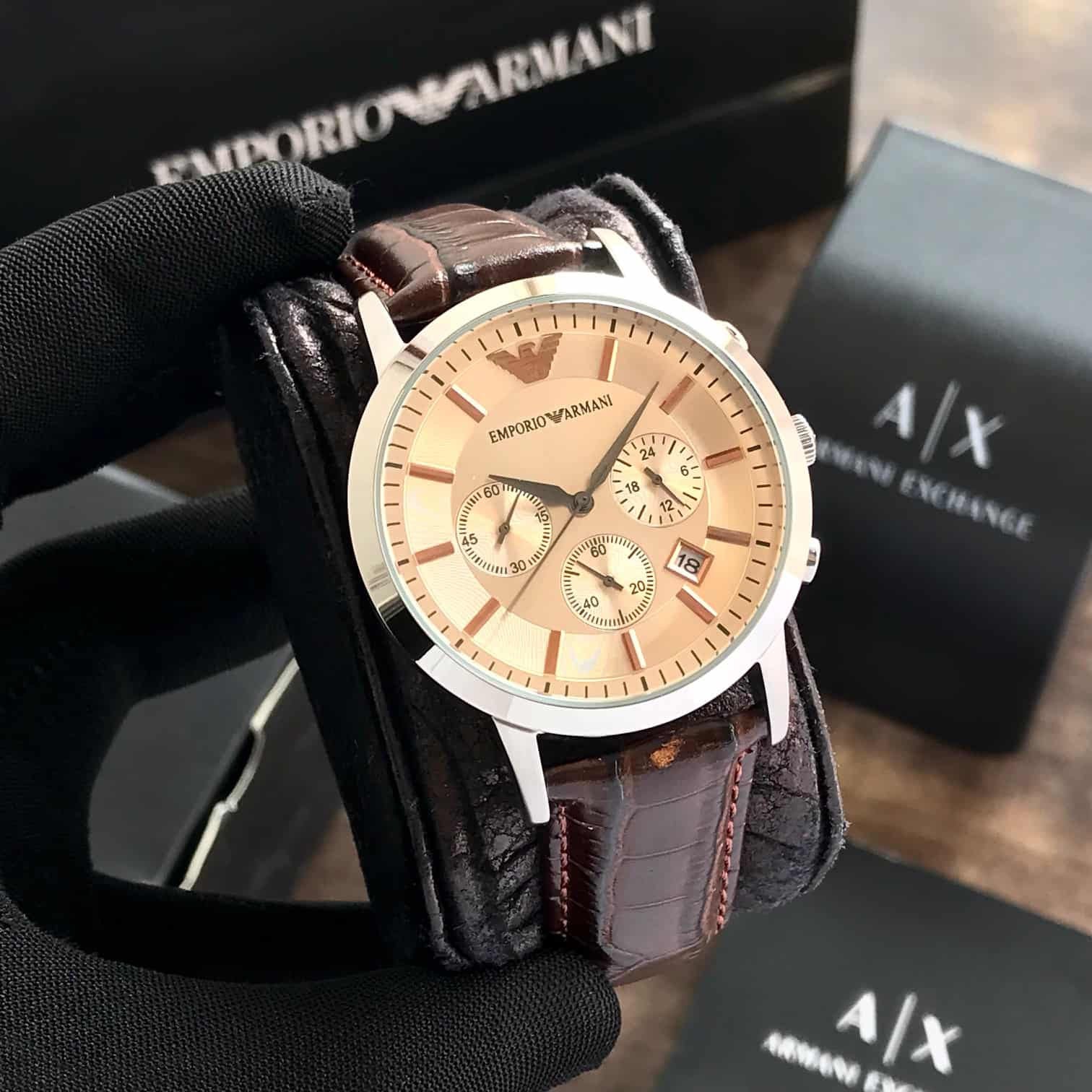 Emporio Armani AR2433 Chronograph Beige & Brown Leather Strap Mens Watch - Image 3