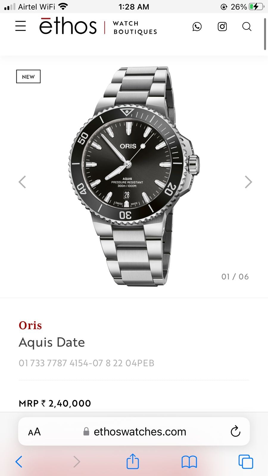 Oris Aquis Date Authentic Automatic Silver Black Dial Men's Watch - Image 8