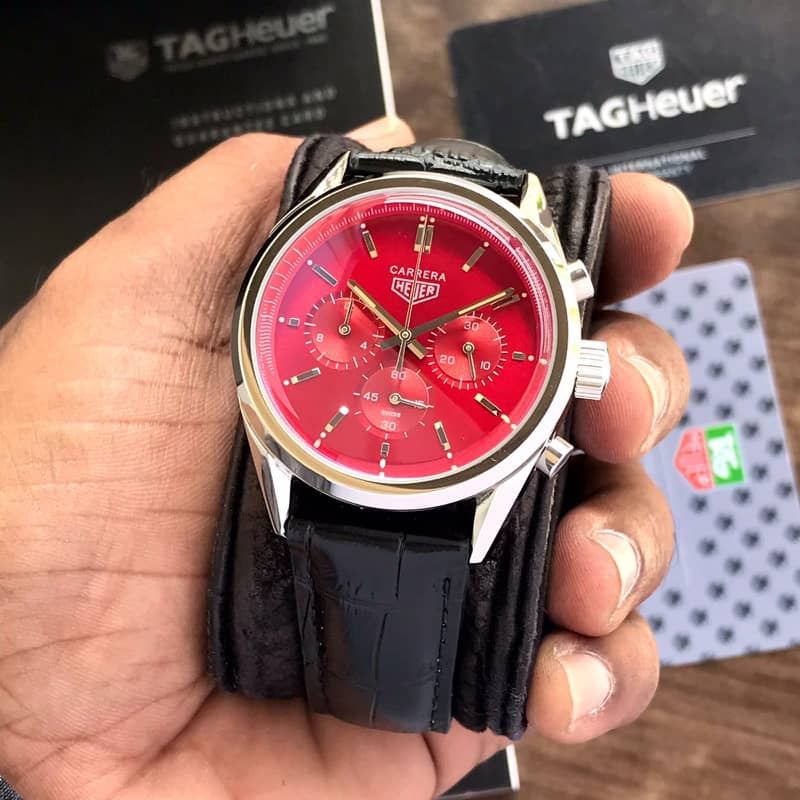 Tag Heuer Grand Carrera Red Dial & Black Leather Strap Japanese Master Quality Men's Watch - Image 2