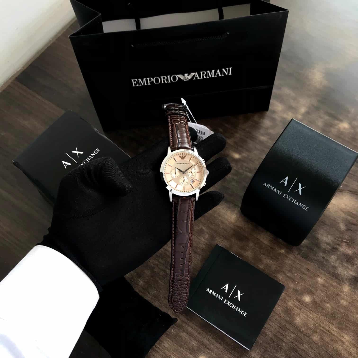 Emporio Armani AR2433 Chronograph Beige & Brown Leather Strap Mens Watch - Image 2