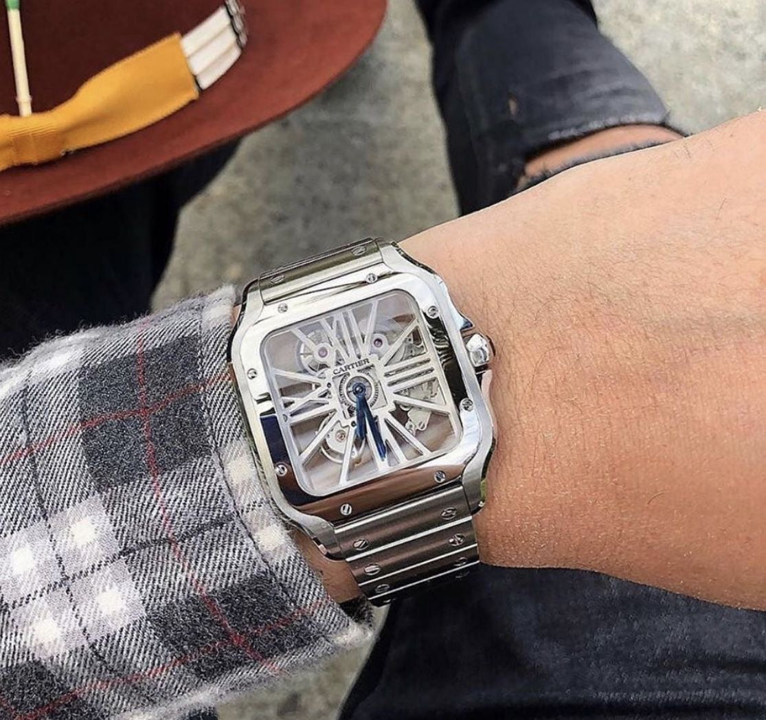 Cartier Santos De Skeleton Stainlees Steel Automatic Mens Watch