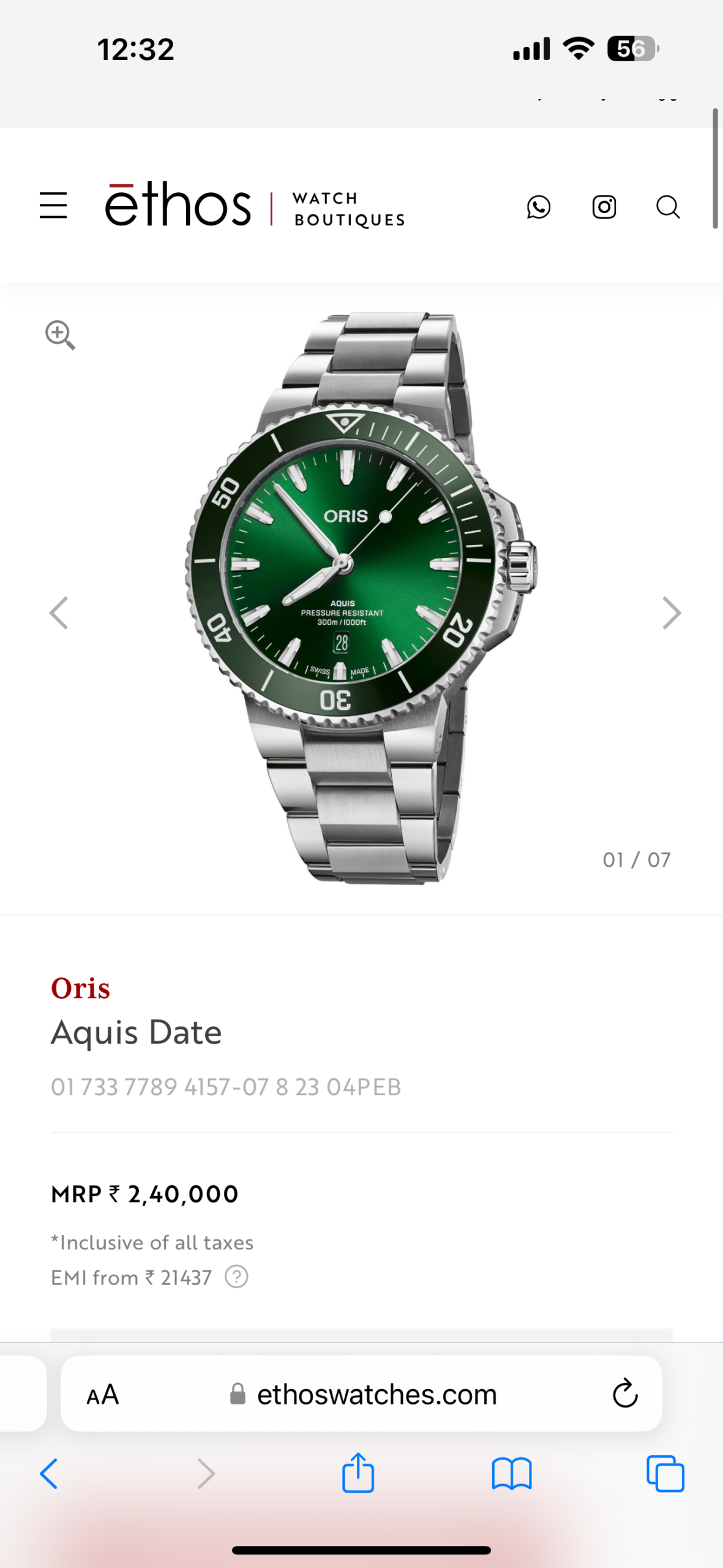 Oris Aquis Date Authentic Silver Green Dial Automatic Mens Watch - Image 7